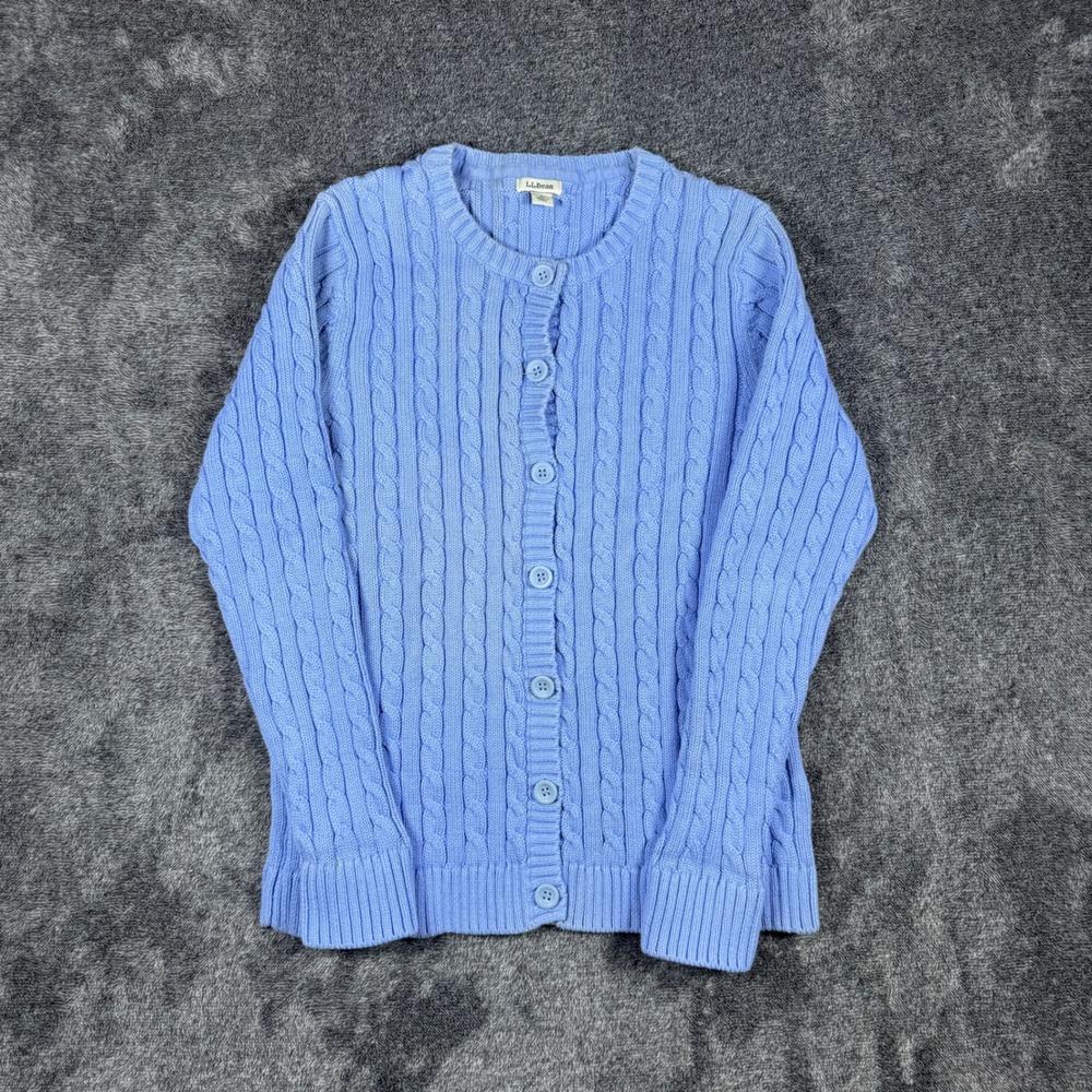 LL Bean Womens Large Blue Cable Knit Cotton Button Front Cardigan Sweater 258842